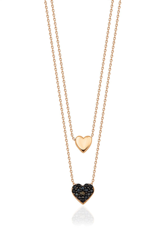 14ct Gold Double Layer Black Stone Heart Necklace
