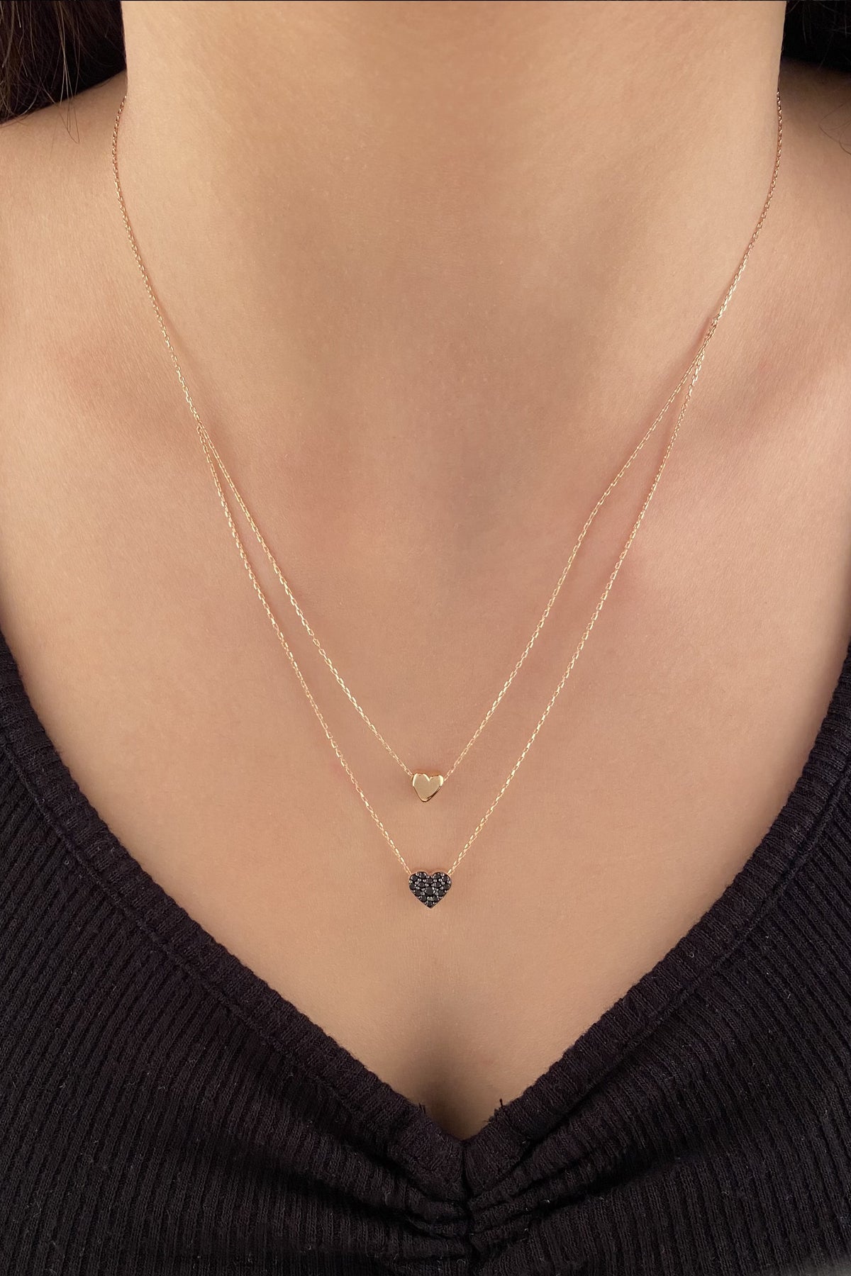 14ct Gold Double Layer Black Stone Heart Necklace